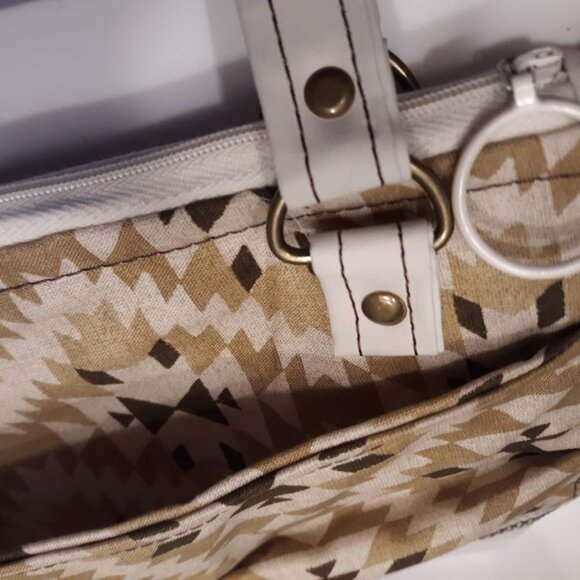 New Southwestern Geometric Vinyl Double handle Satchel Purse Ivory Mustard Brow - Picture 10 of 11